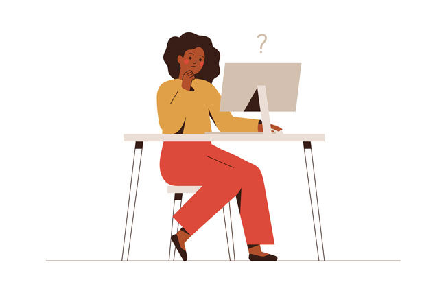 Illustration einer Frau, die vor dem Computer sitzt. Ein Fragezeichen schwebt über ihren Kopf, weil sie eine Entscheidung fällen muss.