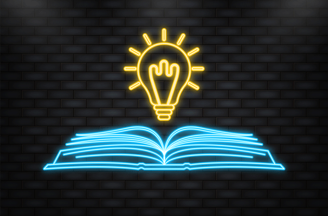 Symbolbild eines Buches mit Glühbirne in Neon