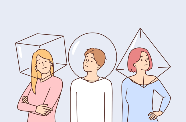 Illustration von zwei Frauen und einem Mann. Jede Person hat eine unterschiedliche Bubble über dem Kopf, welches zeigt, dass sie in ihrer Welt denken.