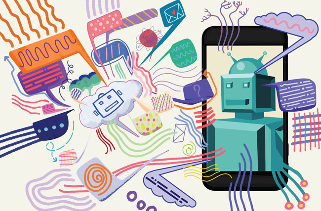 Illustration eines Handys mit KI-Roboter, bedeckt mit chaotisch anmutenden Symbolen, um die fehlende Übersicht über KI zu verdeutlichen.