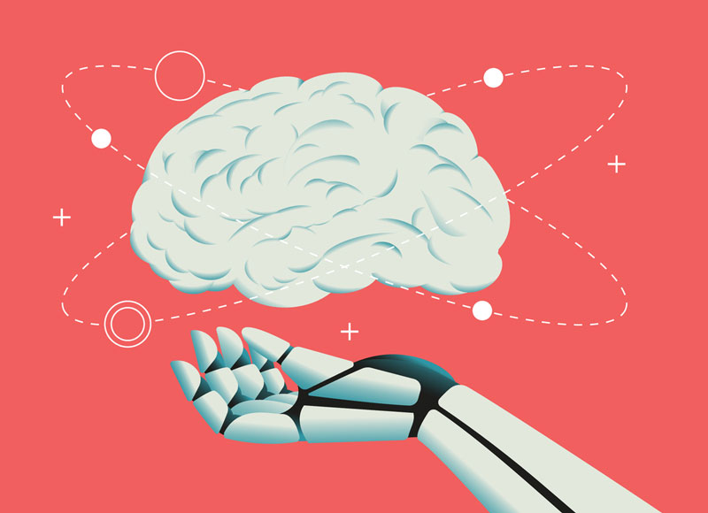 Ein Roboter hält ein Gehirn in der Hand, symbolisch für Wissenstransfer und künstliche Intelligenz