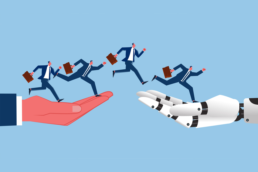 Illustration d'hommes d'affaires sautant d'une main humaine vers un bras robotisé