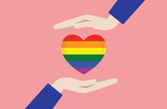 Illustration zweier Hände, die ein Herz in den LGBT Farben schützen, symbolisch für den Schutz vor Diskriminierung, den LGBT-Personen am Arbeitsplatz benötigen