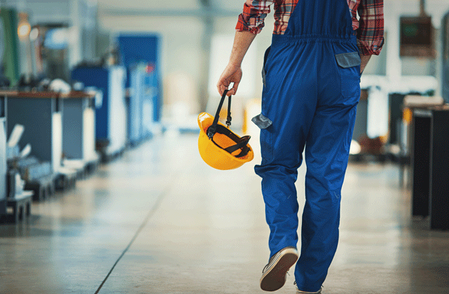 Handwerker in den Arbeitskleider und mit Schutzhelm läuft enttäuscht von seinem Arbeitsplatz weg