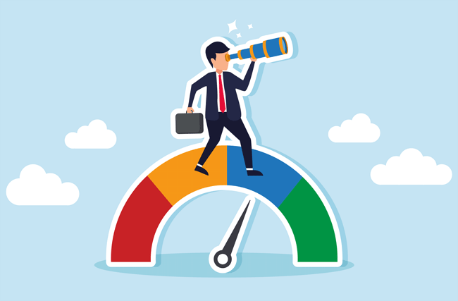 Schweizer HR Barometer 2024 illustriert durch eine Geschäftsperson, die mit Fernglas in die Zukunft blickt. Der HR Barometer zeigt, was sich im Arbeitsmarkt verändert und vermittelt einen Einblick in die Einstellung zur Arbeit und Erwartungen an die Arbeit von Arbeitnehmenden.