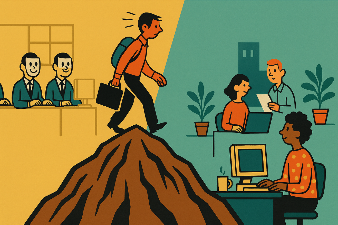 Illustration: Zentral schreitet eine Jobsuchende auf einem schroffen Berggrat voran. Links zeigt sich eine inauthentische, steril wirkende Bürowelt mit gleichförmigen Mitarbeitenden; rechts ein glaubwürdiges, warmes Arbeitsumfeld mit Menschen im Gespräch, Computer, Tasse und Pflanzen. Der Bildkontrast illustriert die schwierige Wahl zwischen Schein und gelebter Authentizität im Employer Branding.