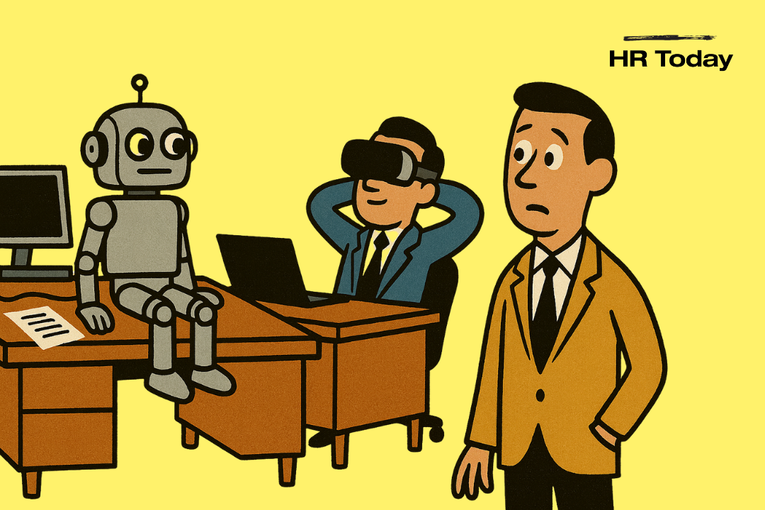 Die Illustration zeigt ein Büro. Auf einem Tisch sitzt ein Roboter, der einen Manager mit VR-Brille beobachtet. Ein dritter Manager besieht die Szenerie etwas ratlos.