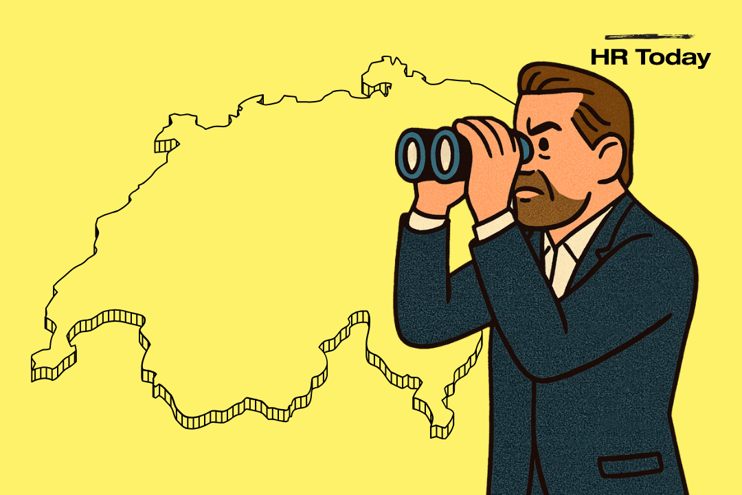 Das Bild zeigt eine Illustration des Interviewpartners. Er sieht durch einen Feldstecher auf die Schweizer Karte.