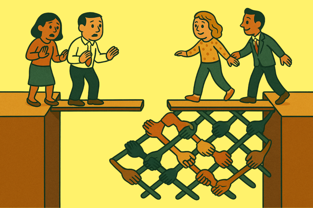 Illustration von zwei Gruppen von Menschen, die versuchen, eine Lücke zwischen zwei Klippen zu überqueren. Auf der linken Seite stehen zwei besorgte Personen auf einem unsicheren Brett, das über die Lücke ragt. Auf der rechten Seite gehen zwei Personen sicher über ein stabiles Brett, das von einem Netz aus verschränkten Armen und Händen verschiedener Hautfarben getragen wird, welches als symbolische Brücke dient. Die Szene steht sinnbildlich für gegenseitige Unterstützung und Zusammenarbeit.