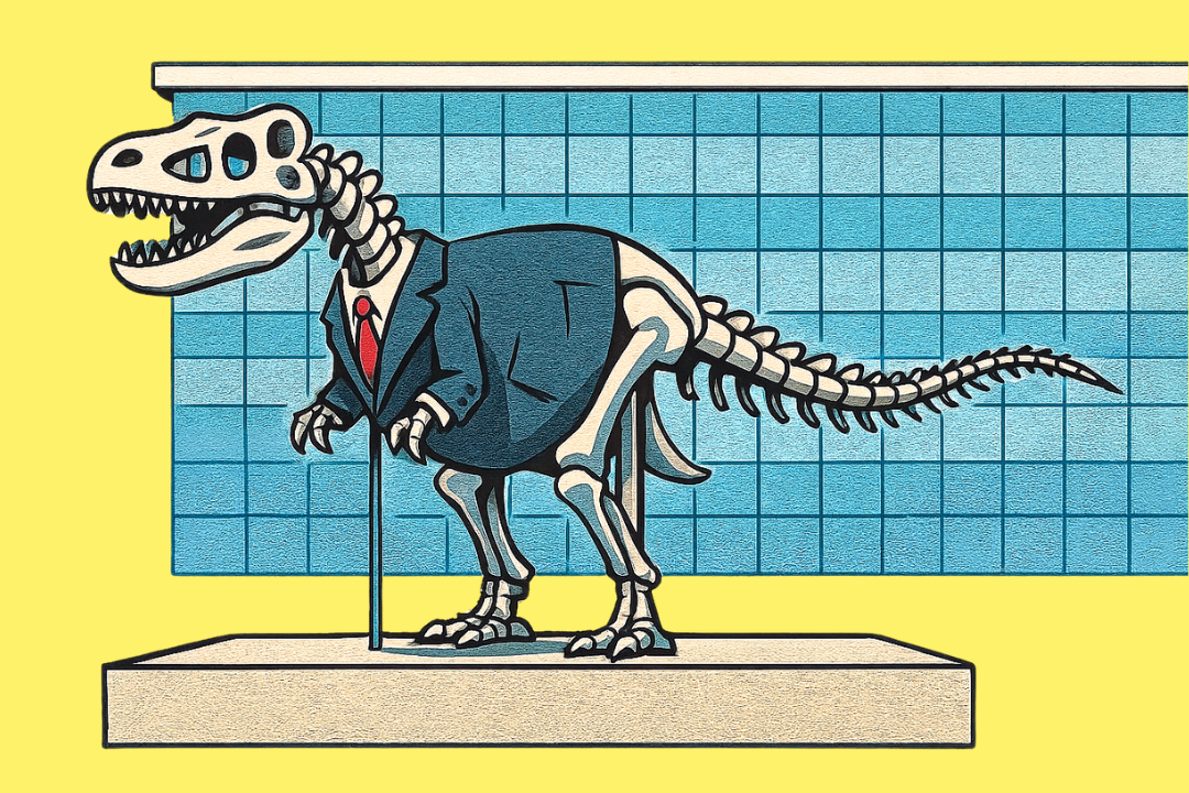 Illustration eines Dinosaurierskeletts auf einem Podest, das einen Anzug mit roter Krawatte trägt; im Hintergrund ein hellblaues Bürogebäude mit kachelartiger Fensterfassade vor gelbem Hintergrund.