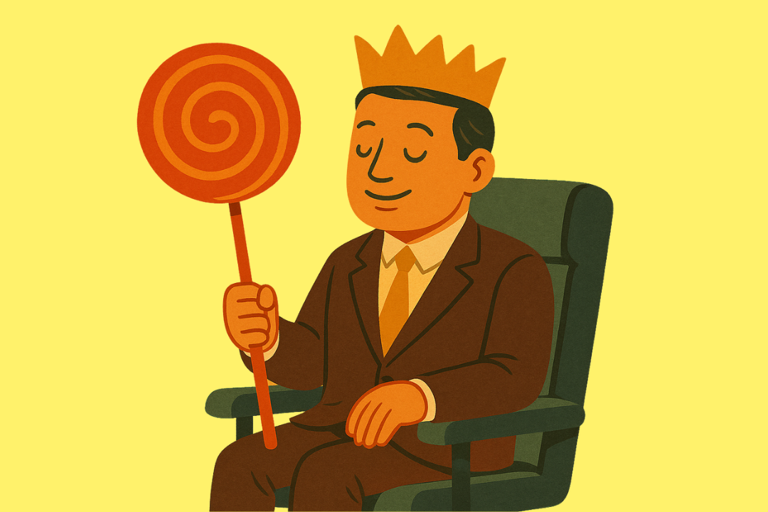 Illustration eines Mannes im Anzug, der auf einem Stuhl sitzt, eine Papierkrone trägt und ein grosses Lollipop mit Spiralmuster in der Hand hält; der Hintergrund ist einfarbig orange gehalten.