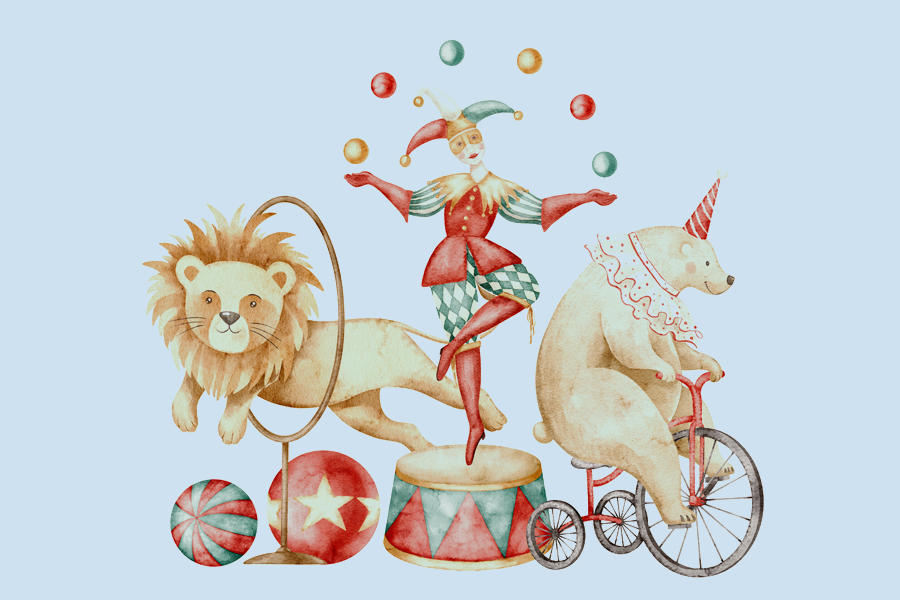 Illustration représentant un spectacle de cirque avec des animaux 