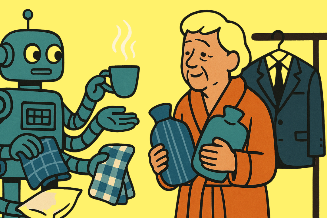 Illustration eines Roboters, der einer älteren Person in einem Bademantel hilft. Der Roboter hält eine dampfende Tasse, zwei Handtücher und ein Kissen, während die Person zwei Wärmflaschen trägt und lächelt. Im Hintergrund hängt ein Anzug an einem Kleiderständer. Der Hintergrund ist gelb, der Stil ist einfach und farbenfroh.