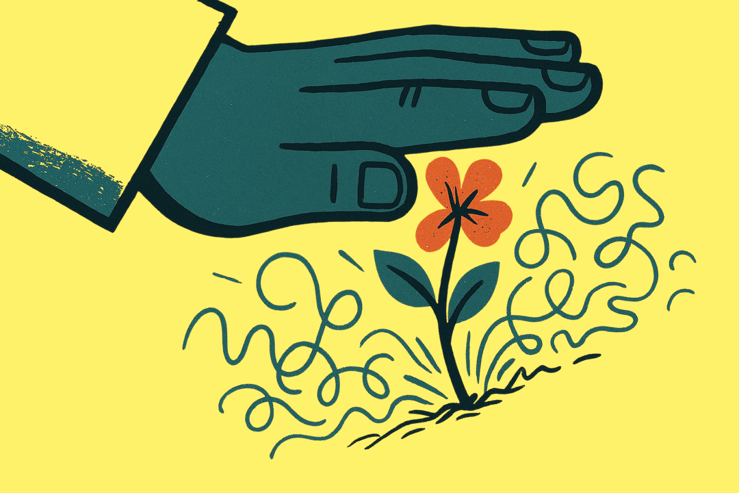 Illustration einer grossen, flach ausgestreckten Hand, die schützend oder vielleicht auch bedrohend über eine kleine, rote Blume mit zwei grünen Blättern gehalten wird. Um die Blume herum sind abstrakte, geschwungene Linien dargestellt, die Wind oder Bedrohung symbolisieren. Der Hintergrund ist gelb. 