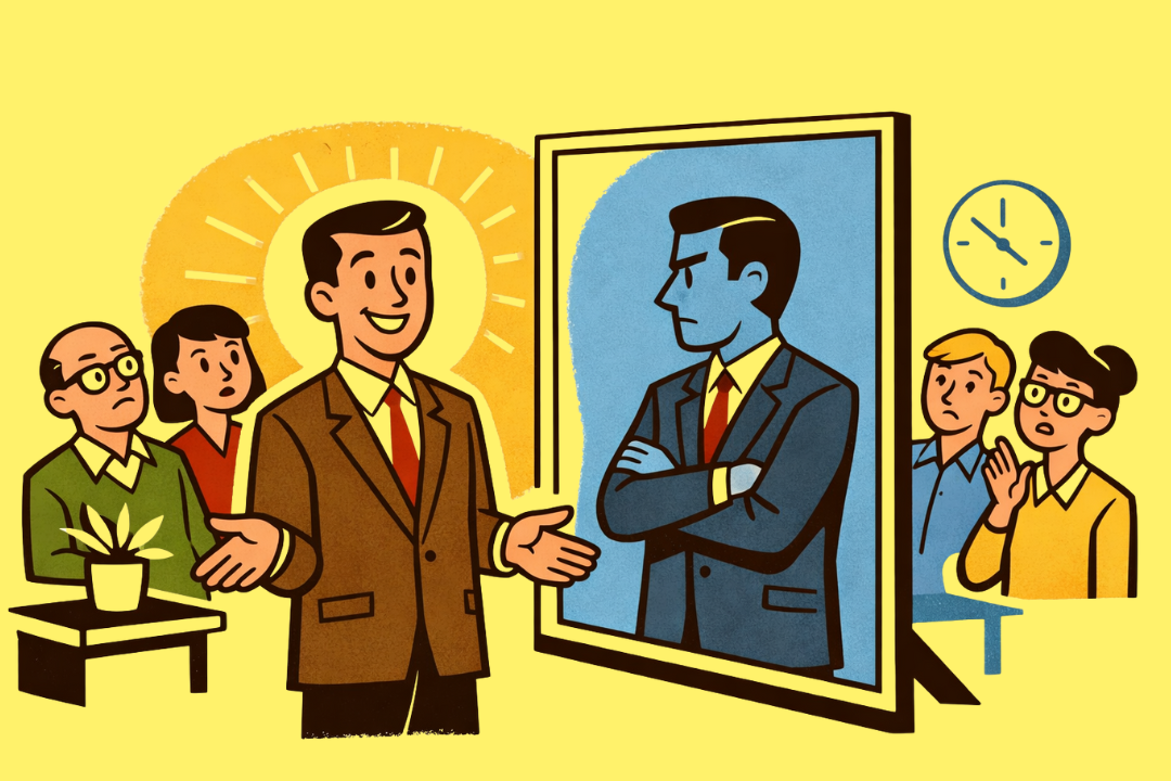 Illustration von zwei Gruppen von Menschen, die jeweils eine Version desselben Mannes betrachten: Links steht ein freundlich wirkender Mann mit offenen Armen und einem leuchtenden Kreis hinter dem Kopf, umgeben von erstaunten Personen. Rechts ist dieselbe Person als streng und blau eingefärbte Version mit verschränkten Armen in einem Spiegel dargestellt, beobachtet von zwei besorgten Personen. 