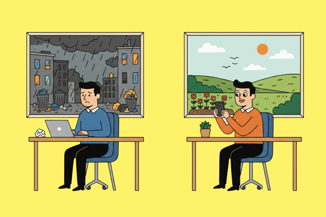 Illustration mit zwei nebeneinander dargestellten Szenen: Links sitzt ein trauriger Mann an einem Schreibtisch vor einem Laptop, hinter ihm zeigt ein Fenster eine dunkle, verregnete Stadt mit Abfall und grauen Gebaeuden. Rechts sitzt derselbe Mann laechelnd am Schreibtisch und fotografiert mit dem Smartphone, hinter ihm ist durch das Fenster eine sonnige Landschaft mit gruenen Huegeln, Blumen und blauem Himmel zu sehen.