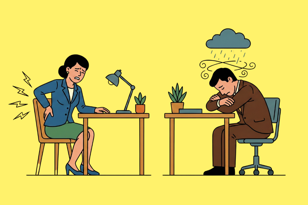 Eine Illustration im Mid-Century-Modern-Stil auf einem gelben Hintergrund, die den Unterschied zwischen körperlichen und mentalen Beschwerden am Arbeitsplatz zeigt. Links sitzt eine Frau an ihrem Schreibtisch und hält sich mit schmerzverzerrtem Gesicht den unteren Rücken; gezackte Linien um ihren Rücken symbolisieren den körperlichen Schmerz. Rechts sitzt ein Mann an seinem Schreibtisch, der seinen Kopf erschöpft auf die Arme gelegt hat; über ihm schwebt eine dunkle Regenwolke, die psychische Belastung oder