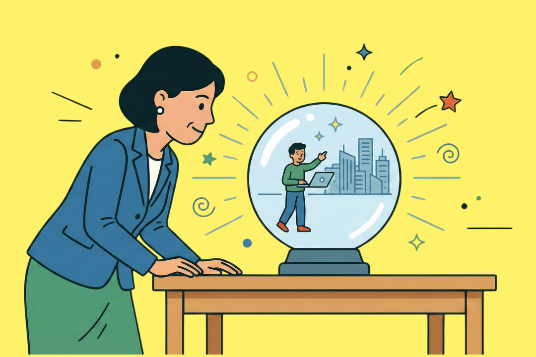 Eine farbenfrohe Illustration im Retro-Stil: Eine Frau in Business-Kleidung beugt sich über einen Holztisch und blickt in eine leuchtende Kristallkugel. In der Kugel ist eine kleine junge Person mit Laptop vor einer Stadt-Skyline zu sehen. Der Hintergrund ist schlicht gelb mit gezeichneten Sternen und Linien, die um die Kugel herum strahlen.