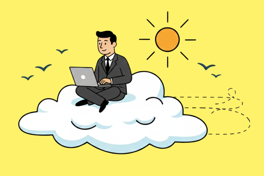 Eine Illustration im Cartoon-Stil auf gelbem Hintergrund, die einen lächelnden Mann im dunklen Anzug zeigt, der im Schneidersitz auf einer weißen Wolke schwebt und an einem Laptop arbeitet. Über ihm scheint eine Sonne, und kleine Vögel fliegen in der Nähe. Eine gestrichelte Linie hinter der Wolke deutet eine Flugbahn an.