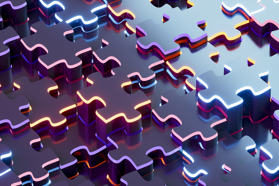 Des pièces de puzzle aux contours lumineux de couleur néon