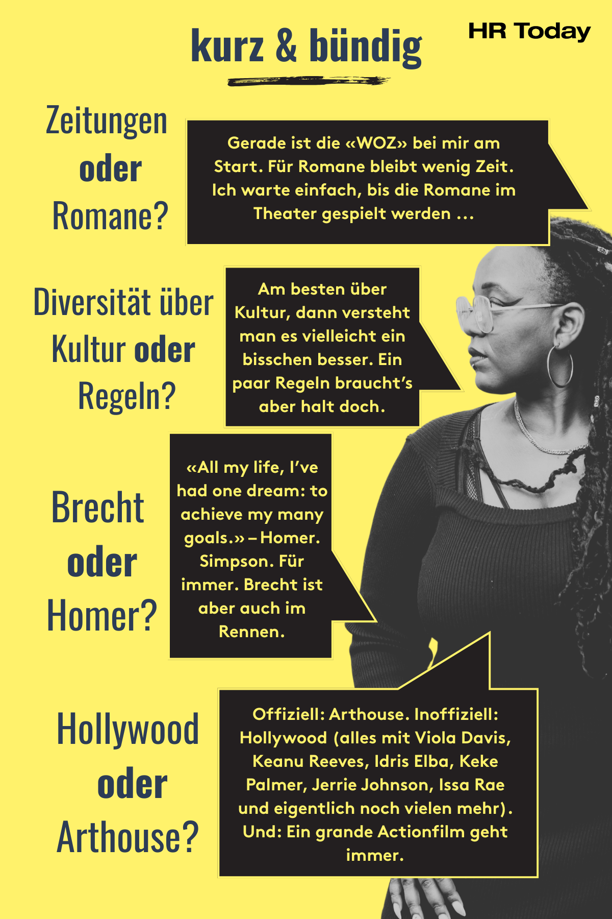 Das Bild zeigt 4 kurze Fragen und dazugehörige Sprechblasen. Ganz rechts im Bild Yuvviki Dioh in schwarz/weiss. Text: Hollywood oder Art House? Offiziell: Art House. Inoffiziell: Hollywood (alles mit Viola Davis, Keanu Reeves, Idris Elba, Keke Palmer, Jerrie Johnson, Issa Rae und eigentlich noch viele mehr). Und: ein grande Actionfilm geht immer.  Bertolt Brecht oder Homer? «All my life, I’ve had one dream: to achieve my many goals.» – Homer. Simpson. Für Immer. Brecht ist aber auch im Rennen.   Romane oder Zeitungen? Gerade ist die WOZ bei mir am Start. Für Romane bleibt wenig Zeit. Ich warte einfach, bis im Theater die Romane gespielt werden…  Diversität über Kultur oder Regeln? -Am besten über Kultur, dann verstehen wir’s vielleicht ein bisschen besser. Ein paar Regeln braucht’s aber halt doch.