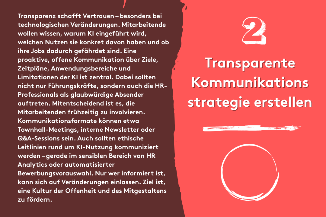 2. Transparente Kommunikationsstrategie erstellen: Transparenz schafft Vertrauen – besonders bei technologischen Veränderungen. Mitarbeitende wollen wissen, warum KI eingeführt wird, welchen Nutzen sie konkret davon haben und ob ihre Jobs dadurch gefährdet sind. Eine proaktive, offene Kommunikation über Ziele, Zeitpläne, Anwendungsbereiche und Limitationen der KI ist zentral. Dabei sollten nicht nur Führungskräfte, sondern auch die HR-Professionals als glaubwürdige Absender auftreten. Mitentscheidend ist es, die Mitarbeitenden frühzeitig zu involvieren. Kommunikationsformate können etwa Townhall-Meetings, interne Newsletter oder Q&A-Sessions sein. Auch sollten ethische Leitlinien rund um KI-Nutzung kommuniziert werden – gerade im sensiblen Bereich von HR Analytics oder automatisierter Bewerbungsvorauswahl. Nur wer informiert ist, kann sich auf Veränderungen einlassen. Ziel ist, eine Kultur der Offenheit und des Mitgestaltens zu fördern.