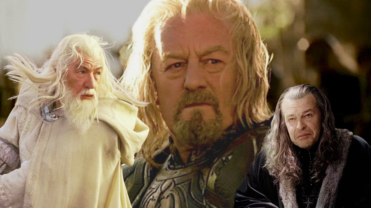 Eine Fotocollage, die drei Schlüsselfiguren aus der Filmtrilogie "Der Herr der Ringe" zeigt. Im Zentrum und am größten ist ein Porträt von König Théoden von Rohan in goldener Rüstung, mit langem, blondem Haar und Bart und einem ernsten, besorgten Gesichtsausdruck. Links flankiert ihn ein kleineres Porträt von Gandalf dem Weißen mit wildem weißen Haar, Bart und weißer Robe, der nach rechts blickt. Rechts ist ein kleineres Porträt von Denethor II., Truchsess von Gondor, mit nachdenklichem, gesenktem Blick und langem grau-braunem Haar in einem dunklen Gewand mit Pelzbesatz. Die Figuren sind vor einem unscharfen, goldenen Hintergrund angeordnet.