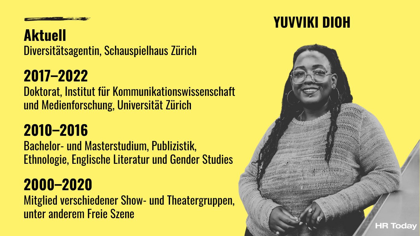 Das Bild zeigt Yuvviki Dioh, die sich rechts an einen Tresen lehnt. Sie hat lange Haare, trägt Brille, grosse runde Ohrringe und einen Strickpulli. Links Angaben zu ihrer Vita: Aktuell Diversitätsagentin, Schauspielhaus Zürich  2017–2022 Doktorat, Institut für Kommunikationswissenschaft und Medienforschung, Universität Zürich  2010–2016 Bachelor- und Masterstudium, Publizistik, Ethnologie, Englische Literatur und Gender Studies  2000–2020 Mitglied verschiedener Show- und Theatergruppen, unter anderem Freie Szene