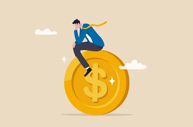 Illustration eines Mannes, der nachdenklich auf einer grossen Goldmünze sitzt