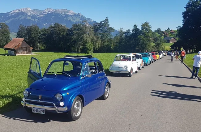 Eine Reihe von Oldtimern sind auf einer Strasse parkiert. Im Hintergrund ist eine schöne Berglandschaft.