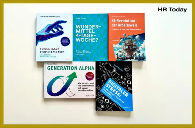 Buchverlosung von HR Today, Generational Alpha von Rüdiger Maas, KI-Revolution der ARbeitswelt von Michale Gross und Jörg Staff, Wundermittel 4-Tage-Woche von Guido Zander, Digitaler Stress: Schattenseite der neuen Arbeitswelt von David Bausch, Future Ready People and Culture von Dominique René Fara