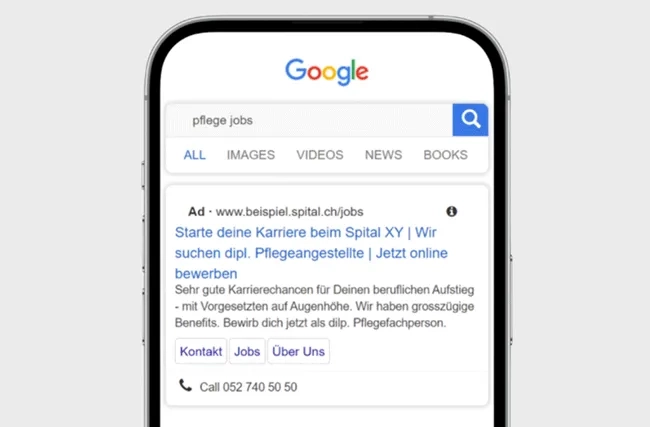 Screenshot einer Googlesuche für Pflegejobs zeigt, wie wichtig die Auseinandersetzung mit Google Recruiting Ads ist