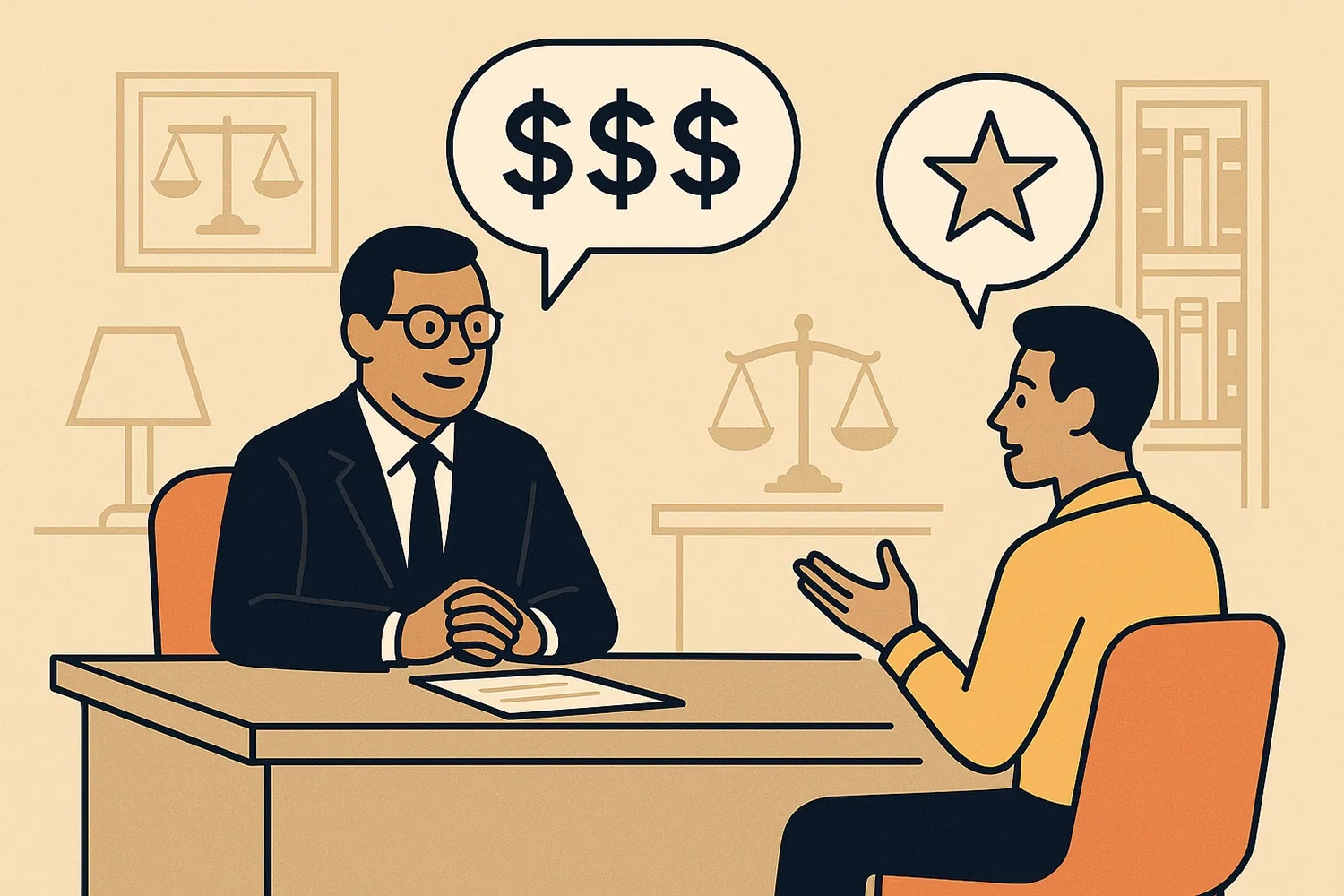 Ein Anwalt und ein Bewerber sitzen sich in einem Büro gegenüber. Der Anwalt hat eine Sprechblase mit drei Dollarzeichen. Der Bewerber hat eine Sprechblase mit einem Stern. Das zeigt: Der Anwalt redet über Geld, der Bewerber will mehr als nur Geld.