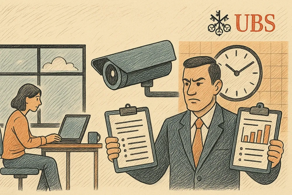 Das Bild zeigt ein Büro, das von einer Kamera und einem Chef mit Klemmbrettern überwacht wird