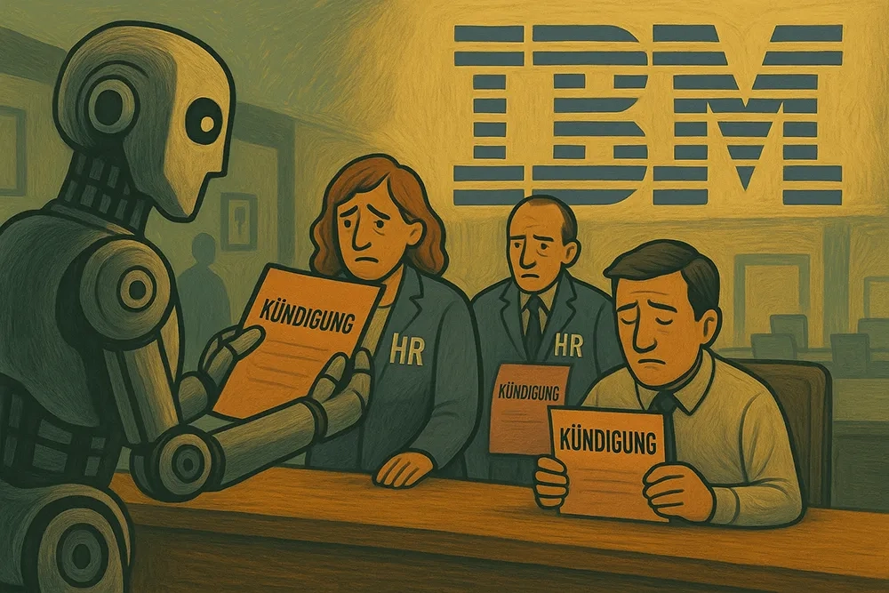Das Bild ist eine Illustration, die einen Roboter zeigt, die HR-Leuten Kündigungen überreicht. Dahinter das IBM-Logo.