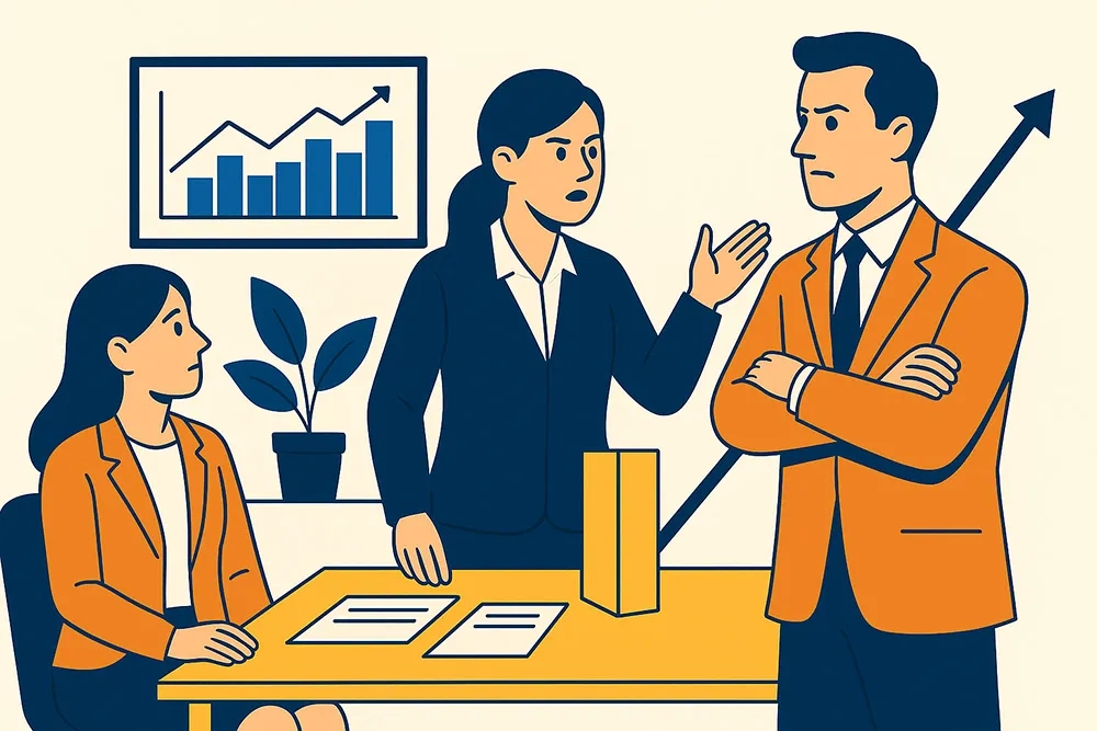 Das Bild ist eine Illustration im Stil einer Vektorgrafik, die eine konflikthafte Situation zwischen Führung, HR und Mitarbeitenden zeigt.