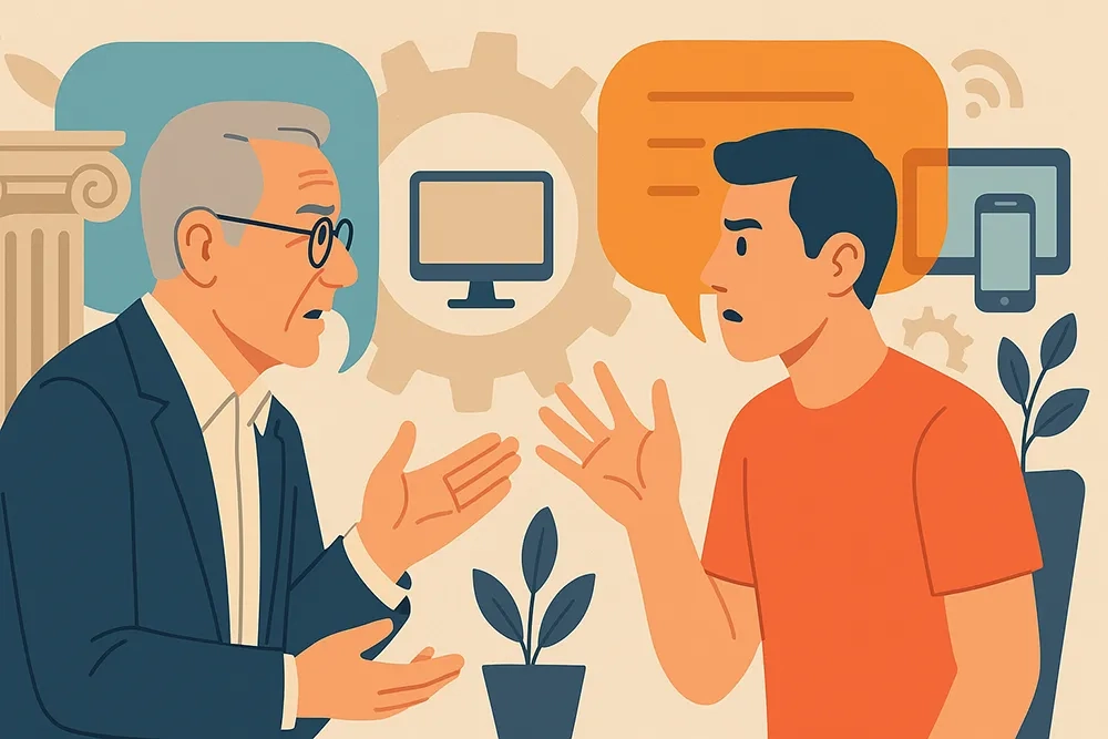 Das Bild zeigt eine junge und eine alte Person beim regen Austausch über Arbeit und Technologie.