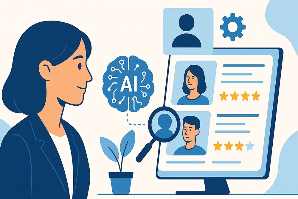Eine Vektorgrafik einer Frau mit langen Haaren und Blazer, die am Computer KI-gestützt Kandidatenprofile auswertet.
