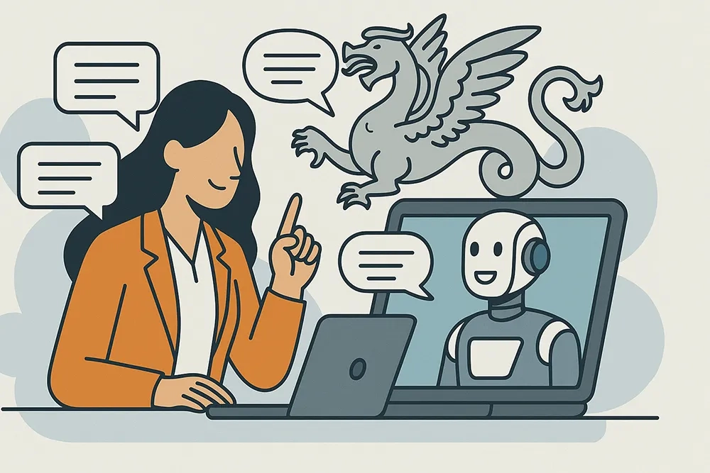Das Bild ist eine Vektorgrafik, das eine Frau im Dialog mit KI und Mythen zeigt.