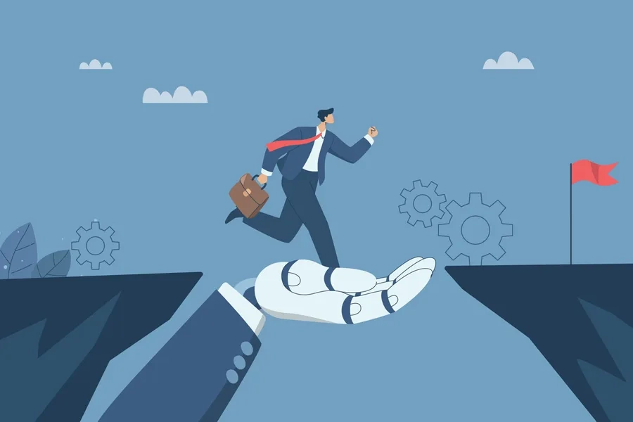 Illustration d'une main robotisée qui aide un employé à franchir un precipice.