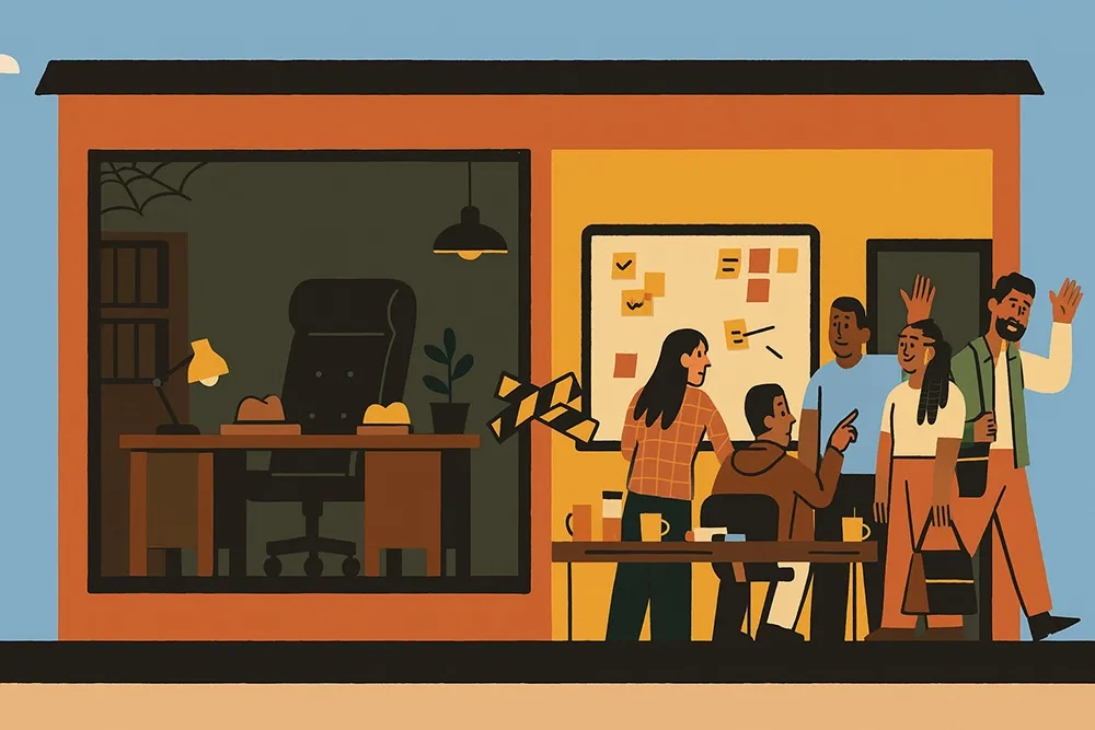 Querschnitt eines Bürogebäudes: links ein dunkles, verstaubtes Chefbüro mit Spinnweben, rechts ein heller Raum mit jungen Mitarbeitenden, die gemeinsam arbeiten; zwei von ihnen verabschieden sich.