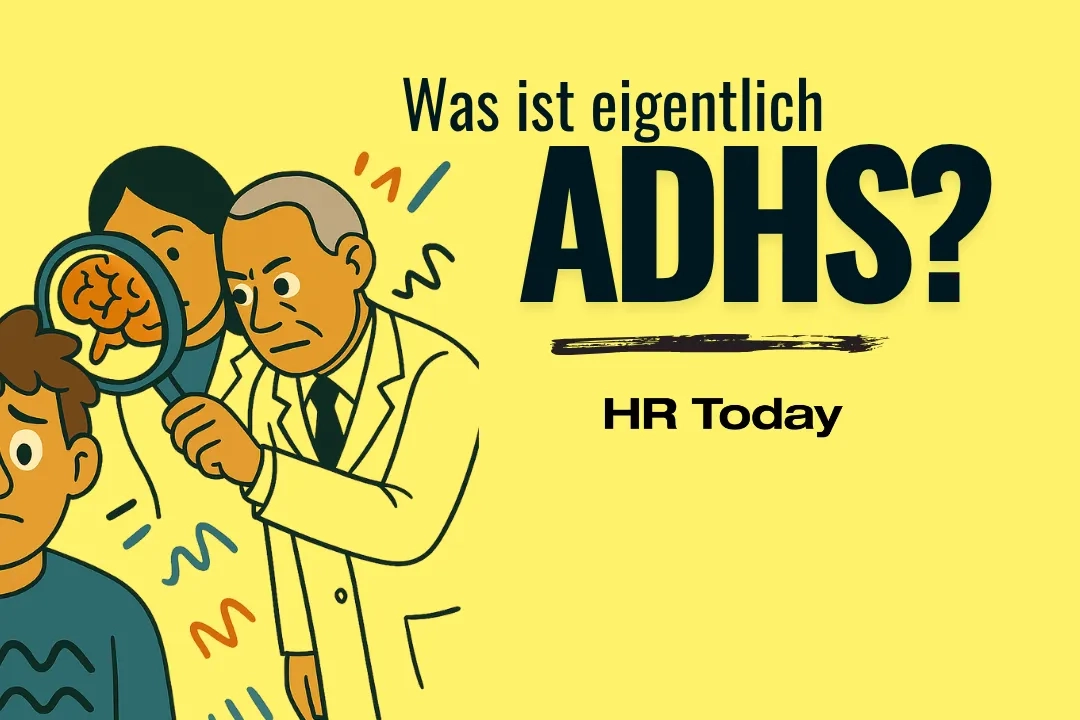 Was ist eigentlich ADHS? – Teaserbild mit Comic-Illustration, die Menschen zeigt, die das Hirn einer Person mit ADHS mittels Lupe untersuchen.