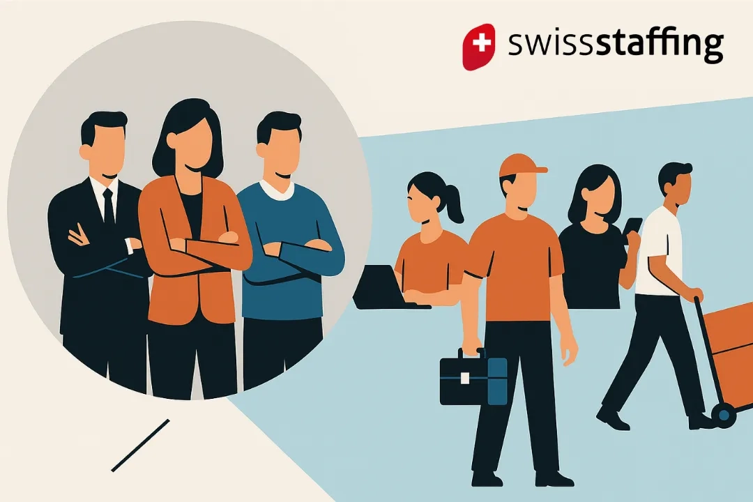 Illustration im Vektorstil zeigt links drei formell gekleidete Personen in einem grauen Kreis – sie symbolisieren die Kernbelegschaft mit unbefristeten Anstellungen.