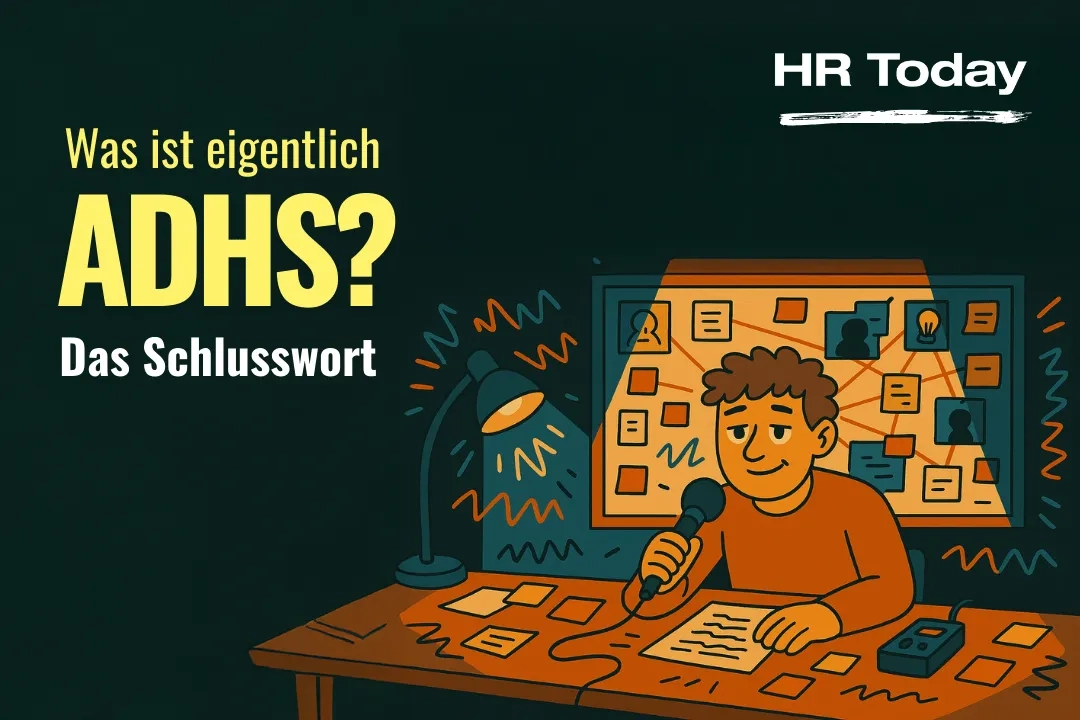 Flache, bunte Illustration im Stil von Kinderbüchern der Mitte des 20. Jahrhunderts. In einem abgedunkelten Raum sitzt eine Person mit braunen, lockigen Haaren an einem Tisch, umgeben von verstreuten Zetteln und Post-its. In der einen Hand hält sie ein Mikrofon, in der anderen liegt ein Blatt Papier mit handschriftlichen Notizen. Eine Schreibtischlampe beleuchtet die Szene. Hinter der Person hängt ein großes Whiteboard, das mit Fotos, Zetteln und Post-its beklebt ist, die durch Linien und Fäden verbunden.