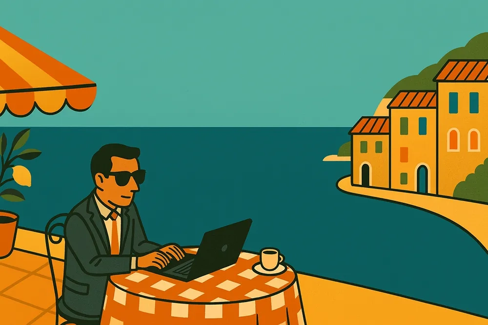 Illustration im mid-century-modern Stil: Oblique/leicht isometrische Ansicht einer Café-Terrasse an der italienischen Küste; links unten sitzt ein Mann im Anzug mit Sonnenbrille am runden Tisch mit kariertem Tischtuch und Laptop, daneben Zitronenbaum und Markise; rechts Häuser mit Terracotta-Dächern; weitläufiger, ruhiger Horizont mit viel Meer und Himmel als freie Fläche; flache Farben, kräftige Konturen, keine Boote oder Wolken, 16:9.