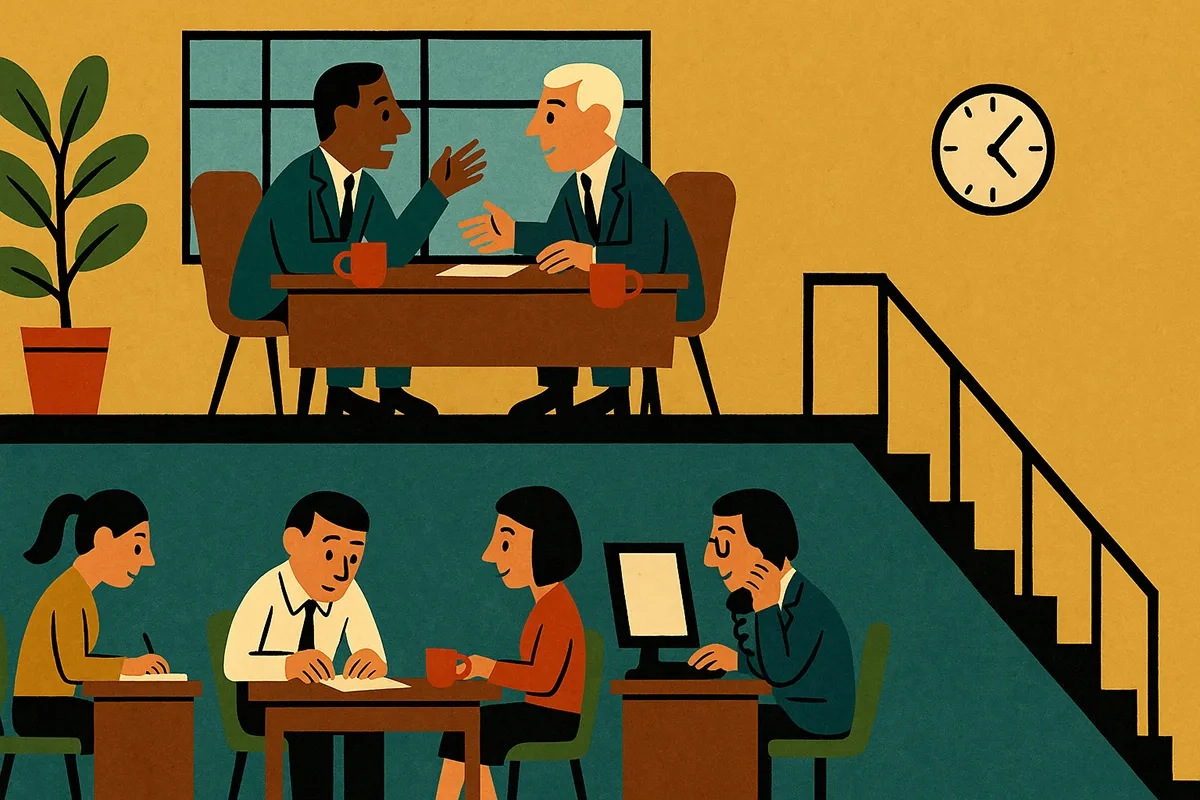 Ein zweistöckiges Büro in flacher, mid-century moderner Illustrationsweise: Unten arbeiten mehrere Angestellte – eine Frau schreibt, zwei Personen sitzen gemeinsam am Tisch, ein Mann telefoniert am Schreibtisch. Oben sitzen zwei Chefs im Anzug an einem Schreibtisch einander gegenüber, beide in intensives Gespräch vertieft. Eine Treppe verbindet die Stockwerke, an der Wand hängen eine Uhr und ein großes Fenster, daneben eine Topfpflanze. Klare schwarze Linien, erdige Farbtöne, flächige Farben ohne Verläufe.