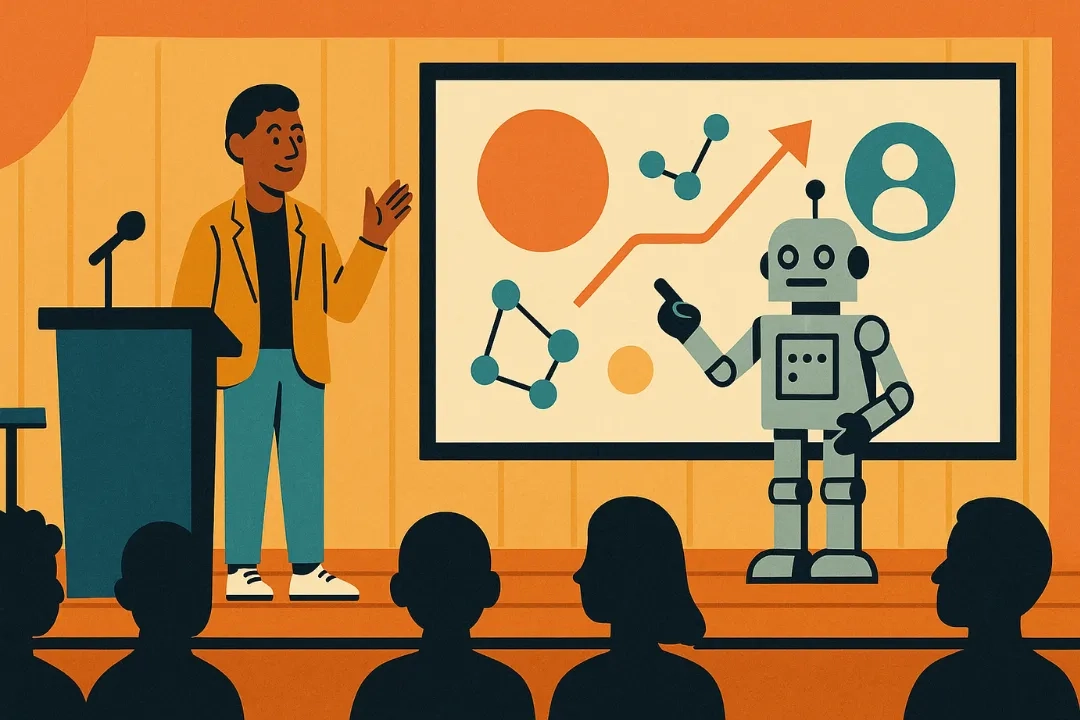 Flache Illustration im Mid-Century-Stil: Auf einer Keynote-Bühne stehen eine authentisch wirkende Person in gelbem Blazer und ein freundlicher Roboter nebeneinander. Beide präsentieren vor einer Leinwand mit abstrakten Formen (Netzwerkpunkte, Kreis, Pfeil nach oben, Profil-Icon); vorn Silhouetten des Publikums, links ein Rednerpult. Keine Schrift, klare Konturen, Vollfarben.