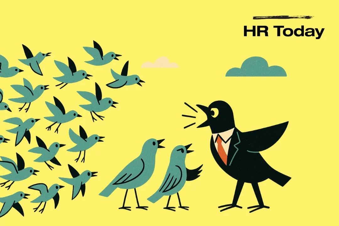 Illustration: Ein Vogelschwarm im V löst sich auf, weil vorne ein Vogel im Anzug mit Krawatte gestikulierend die Nachbarn dirigieren will. Flächige mid-century-Kinderbuch-Optik mit kräftigen Konturen, Vollfarben, 16:9.