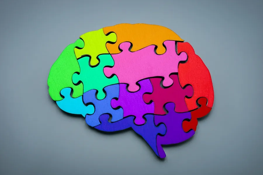Un cerveau composé de pièces de puzzle colorées.