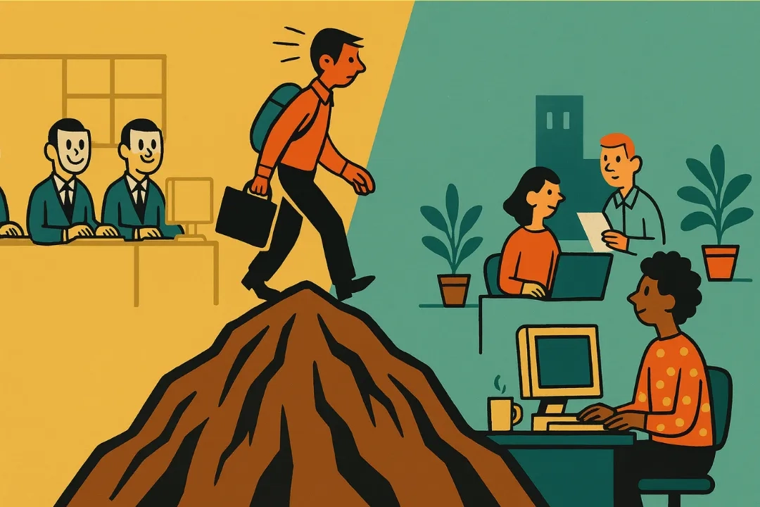 Illustration: Zentral schreitet eine Jobsuchende auf einem schroffen Berggrat voran. Links zeigt sich eine inauthentische, steril wirkende Bürowelt mit gleichförmigen Mitarbeitenden; rechts ein glaubwürdiges, warmes Arbeitsumfeld mit Menschen im Gespräch, Computer, Tasse und Pflanzen. Der Bildkontrast illustriert die schwierige Wahl zwischen Schein und gelebter Authentizität im Employer Branding.